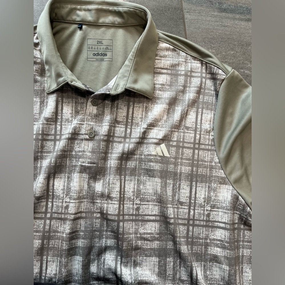 adidas Men's Plaid Performance Golf Polo in Sage and Cream